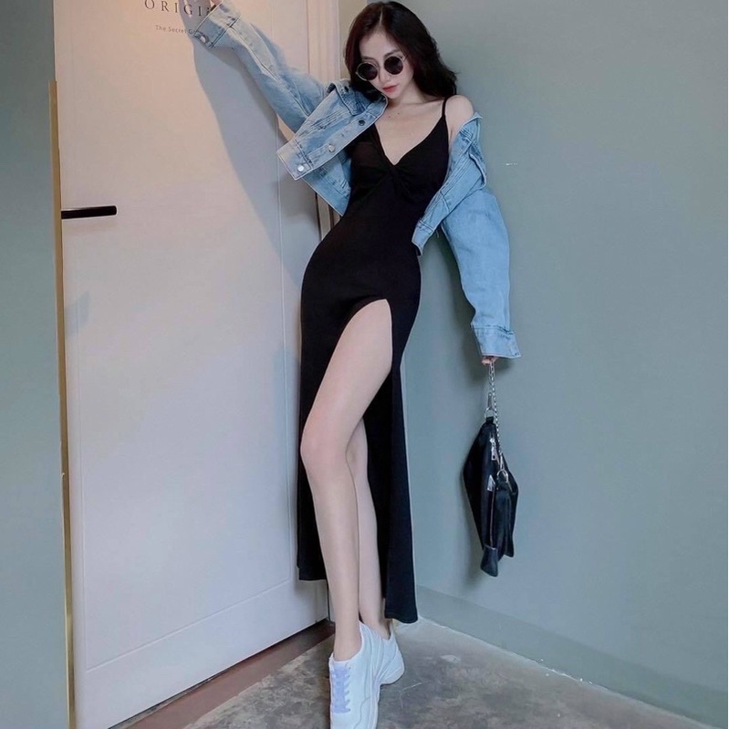 Đầm body xẻ tà 2 dây ( chất thun lụa ảnh thật cuối )