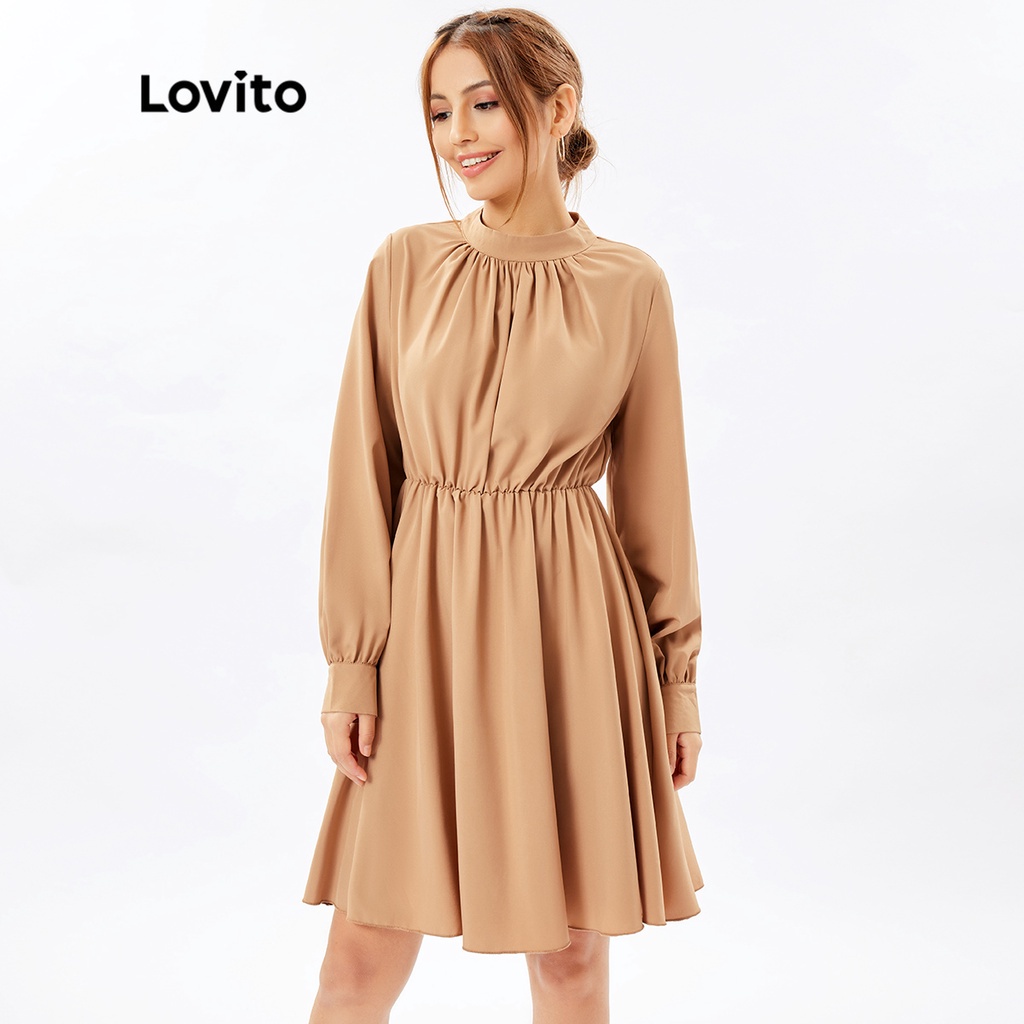 Lovito Đầm suông dài tay dài vừa phải có nút thắt lưng A Line Dress L26ED061 (Kaki)