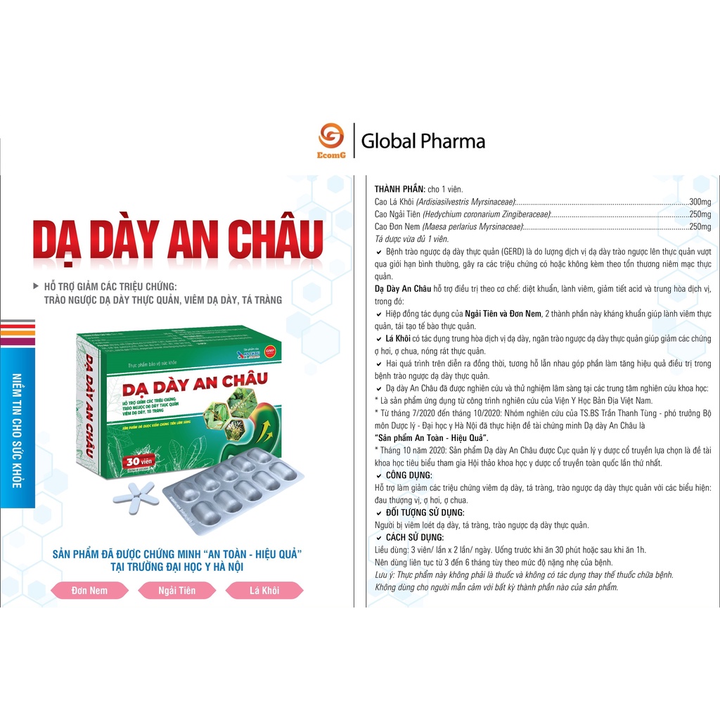 Dạ dày An Châu hỗ trợ các triệu chứng viêm dạ dày, trào ngược dạ dày thực quản, tá tràng 30 viên - AC003