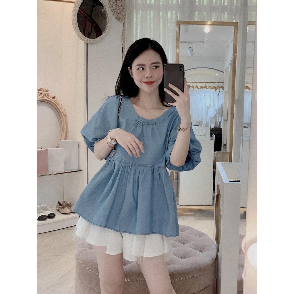 Set áo peplum cổ thuyền chun đuôi xòe tay phồng ngắn bo chun+ quần váy xòe pha lưới 2 túi giả trước khoá kéo 0SET.00507