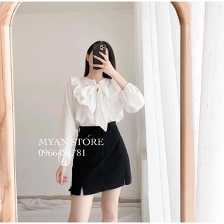 Set áo sơ mi cổ nơ mix chân váy