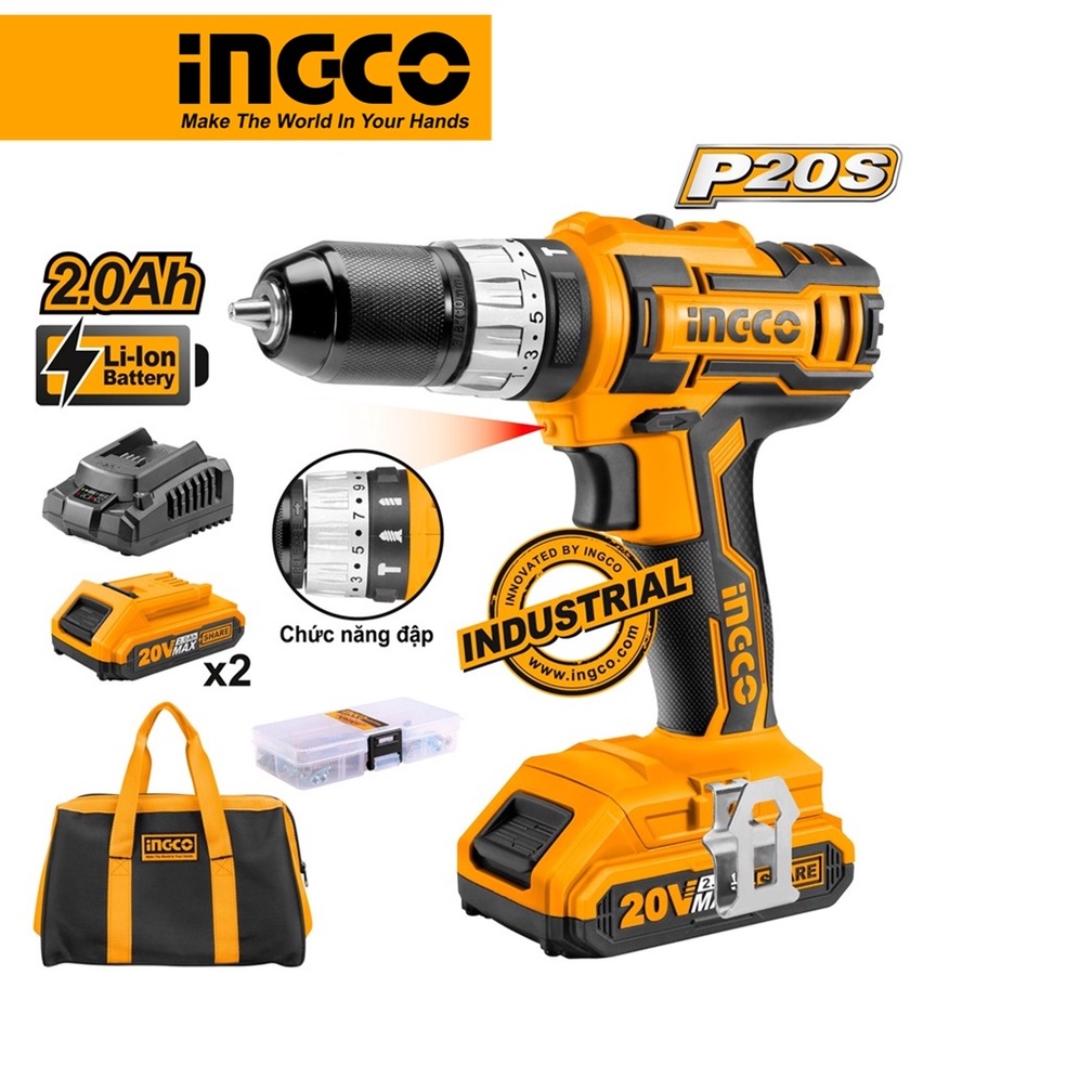 Máy khoan pin 3 chức năng có búa INGCO CIDLI2002 dùng pin 20V, đầu kẹp autolock, lực xoắn 45Nm.