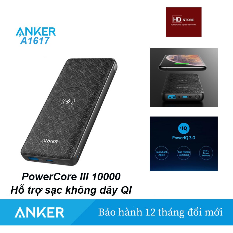 Pin dự phòng Anker PowerCore Wireless 10000 Không dây sạc nhanh PD 18W Iphone - A1617 cho Iphone 8  X Xs 11 12 Pro Max