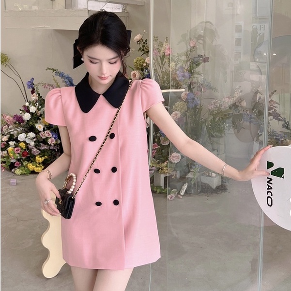 Đầm Nữ Ngắn Tay Ôm Dáng Hai Hàng Nút Cài Màu Sắc Tương Phản Phong Cách Pháp