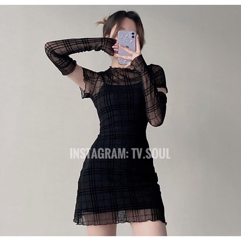 Set đầm caro lưới