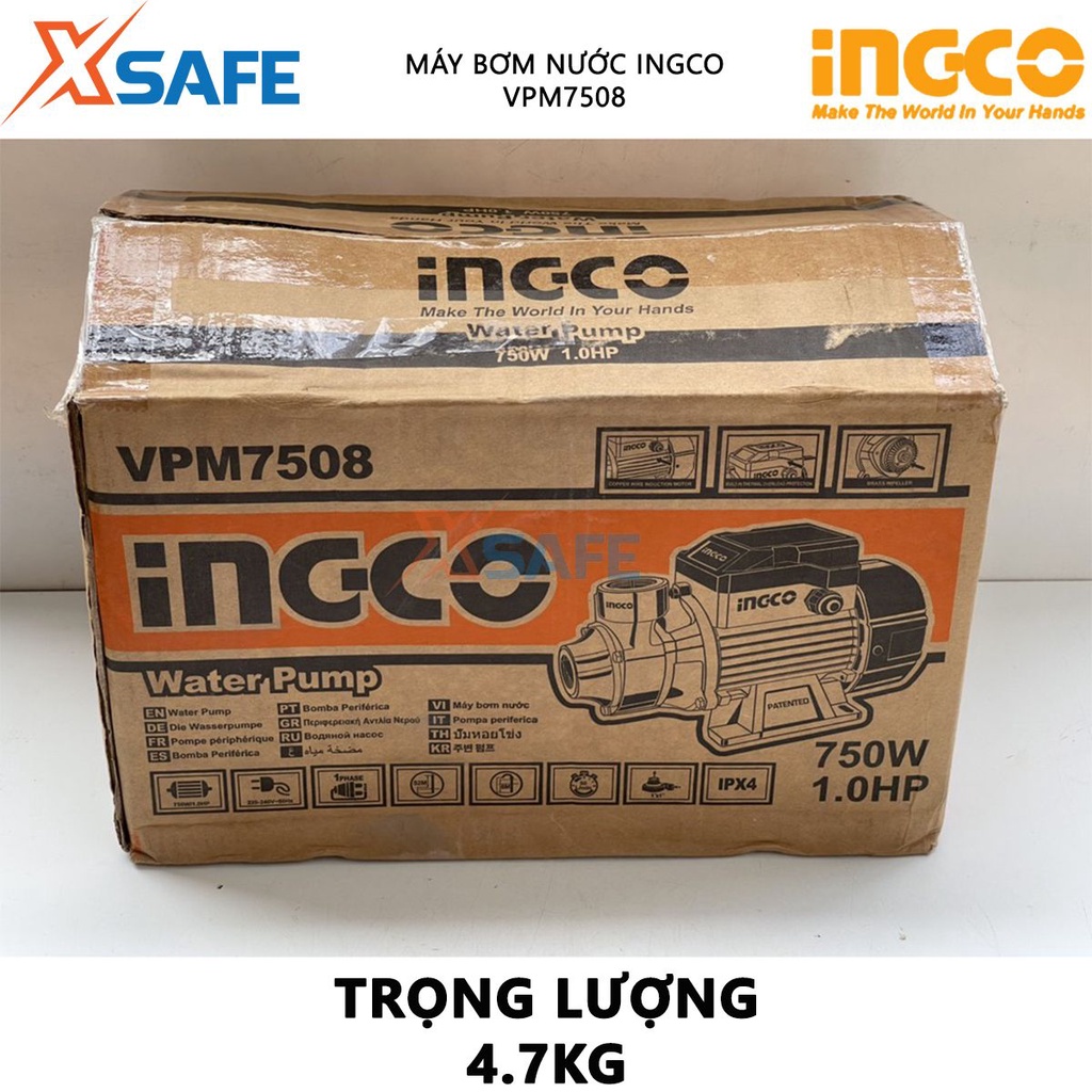 Máy bơm nước INGCO VPM7508 Máy bơm tăng áp 750W(1HP), chiều cao bơm tối đa 52m, độ hút sâu 8m, mô tơ dây đồng - [XSAFE]