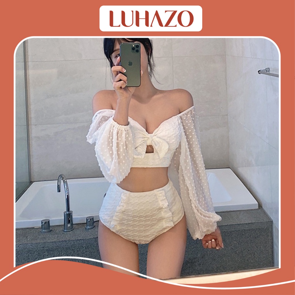 Bikini dài tay 2 mảnh đồ bơi đi biển bigsize liền thân kín đáo sexy Hàn Quốc cạp cao nâng ngực váy hở lưng 2565 DK6T101