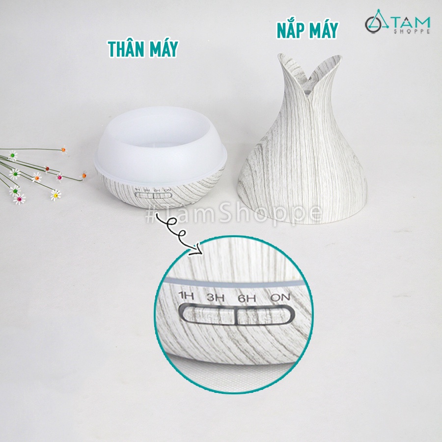 [TẶNG TINH DẦU]Máy khuếch tán tinh dầu Tulip 2 cánh vân gỗ trắng phun khói siêu âm MKTTD-20