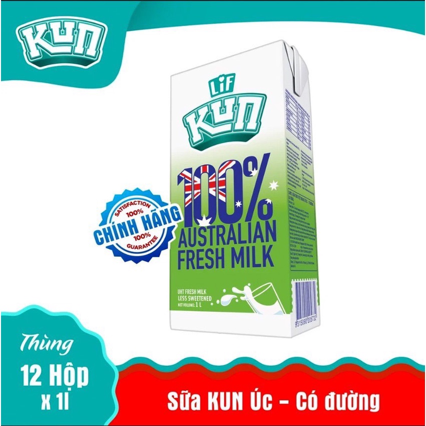 Thùng 12 Hộp 1 Lít  Sữa Tươi LiF KUN Úc Có Đường/ Không đường (1L x 12 hộp) - Date tháng 6/2022