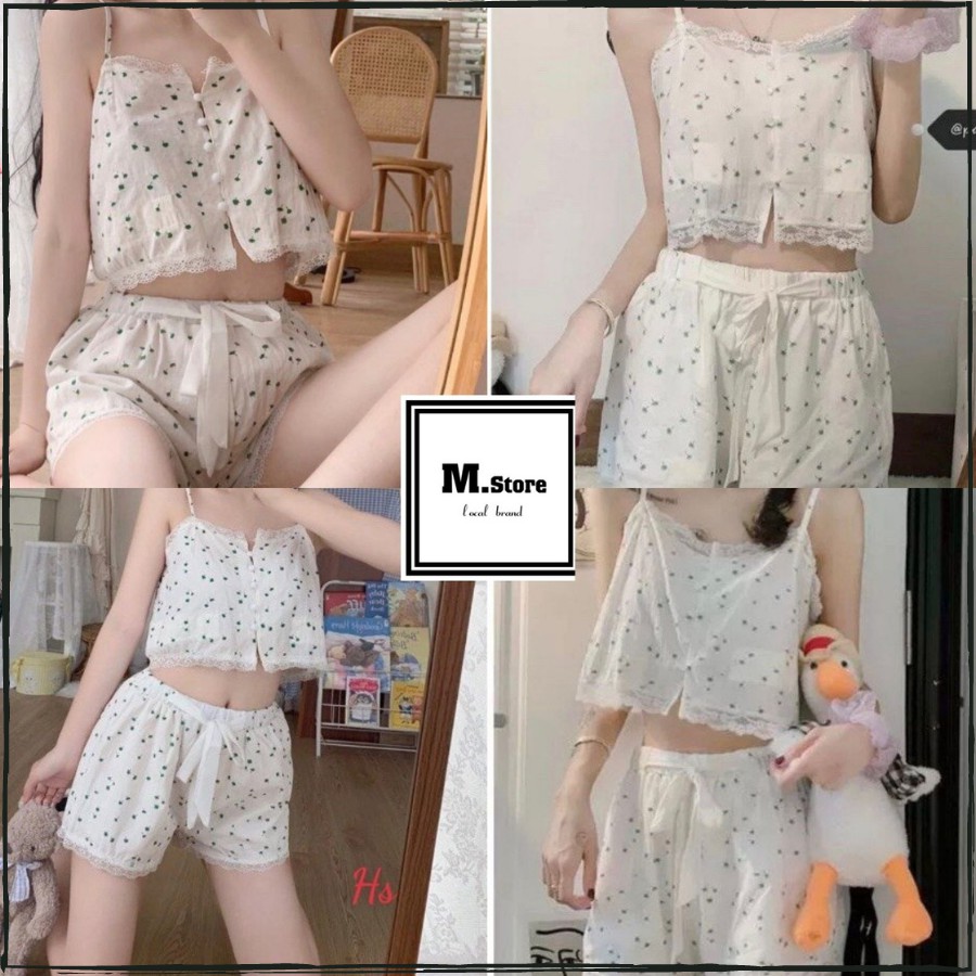 Set Bộ Áo 2 Dây, Quần Sooc Có Nơ Họa Tiết Hoa Nhí Chất Voan Lụa Có Ảnh Thật Và Video M.Store