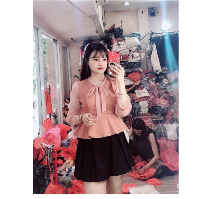 Áo kiểu tay lưới có cột nơ phông rộng