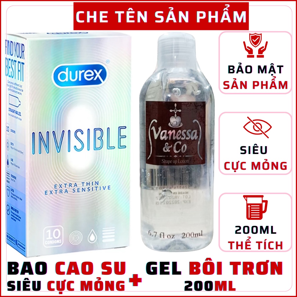 Combo BAO CAO SU siêu cực mỏng Durex Invisible 12 bao và GEL BÔI TRƠN Nhật Bản Vanessa &amp; Co 200ml