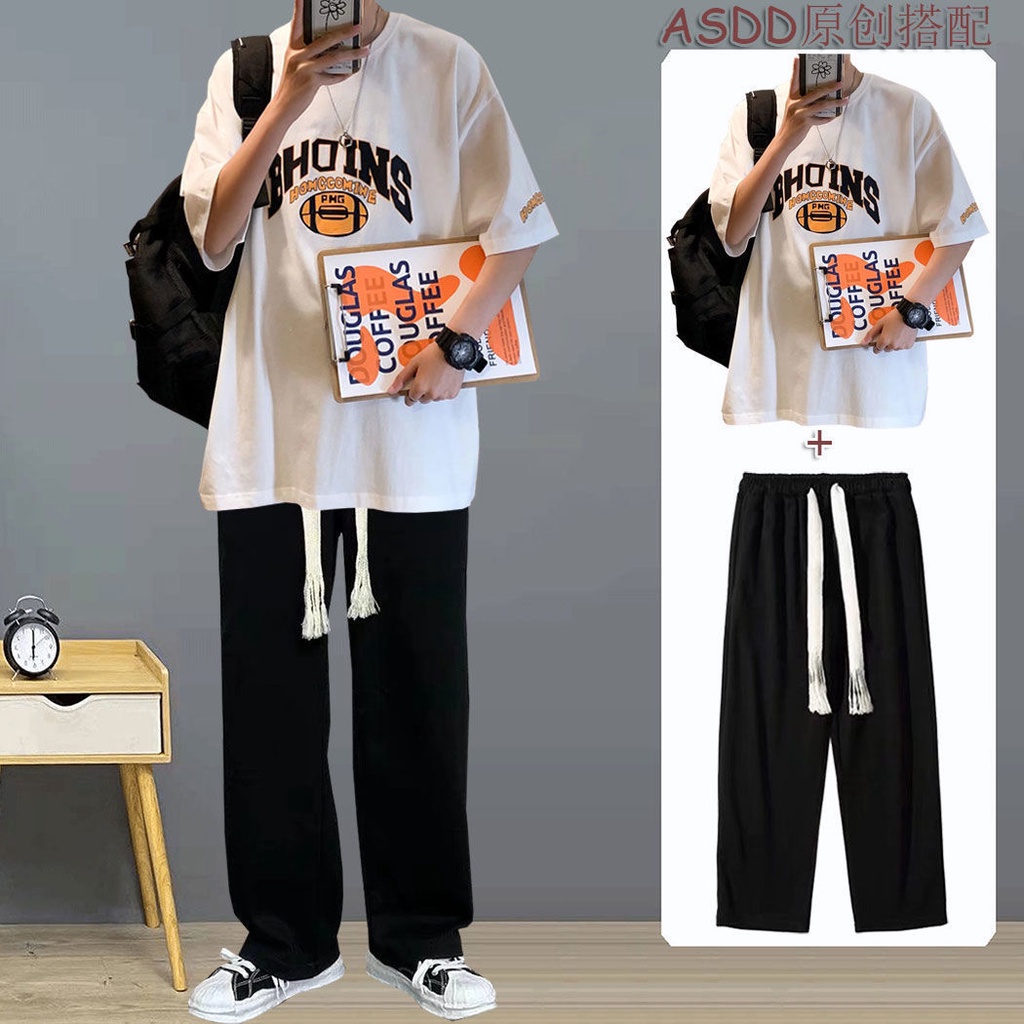 Set Áo Thun Ngắn Tay Form Rộng + Quần Dài Thời Trang Hàn Quốc Cho Nam