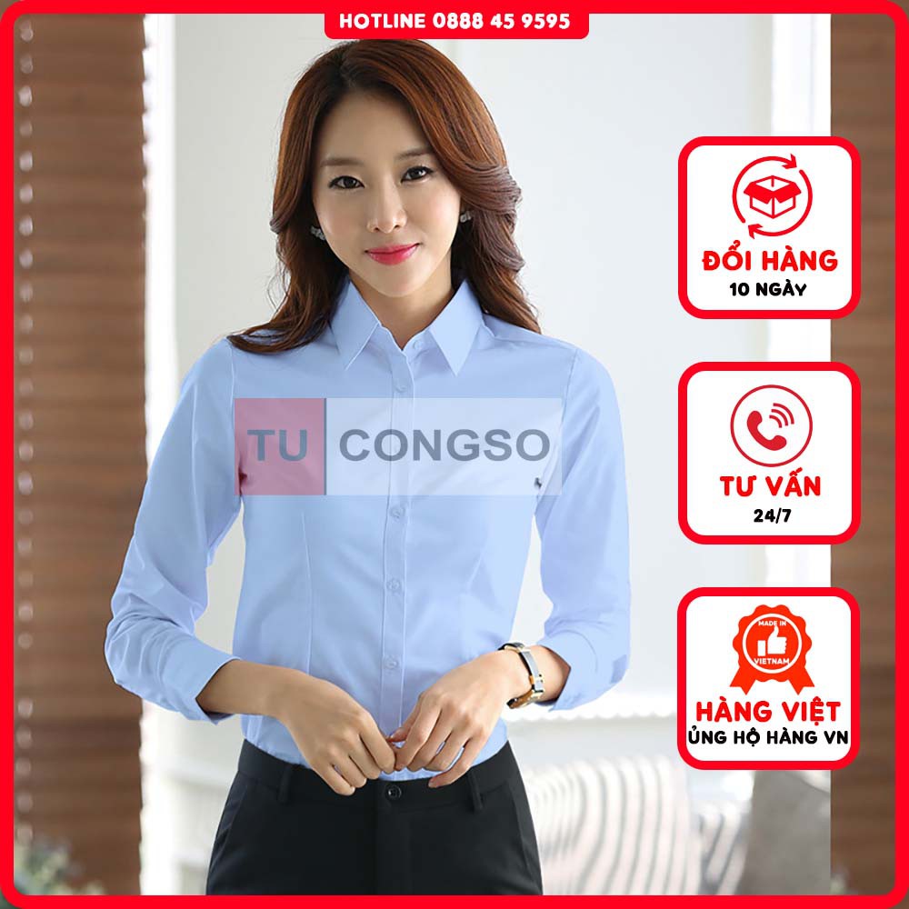 áo sơ mi nữ công sở dày tay xanh dương vải lụa dày co giản không nhăn không cần ủi