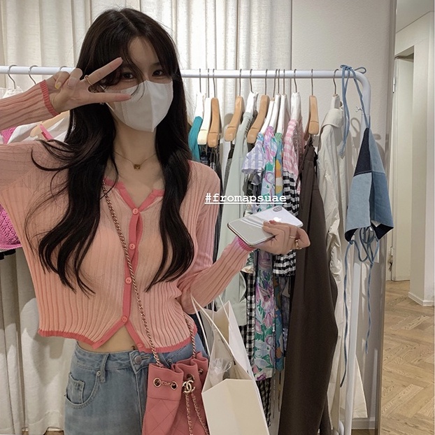 Áo cardigan ZHELIHANGFEI dệt kim tay dài cổ chữ V lưng cao dáng ôm dễ phối đồ sành điệu