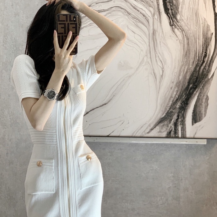 2023 Đầm vải dệt kim ôm eo kiểu retro Pháp thời trang mùa hè cho nữ