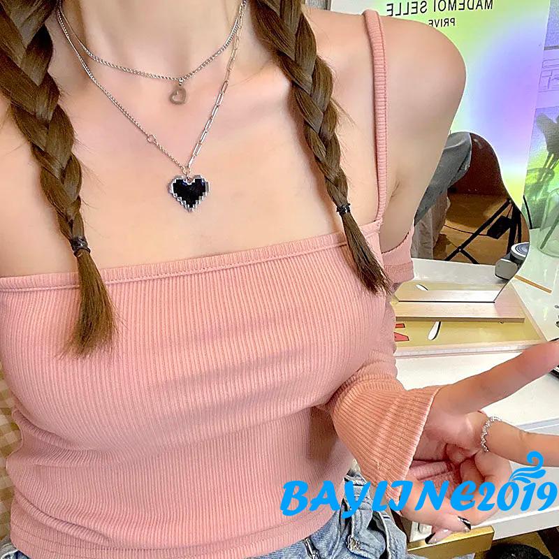 Dây chuyền hai lớp mặt hình trái tim mosaic màu đen phong cách hip hop làm quà valentine cho nữ