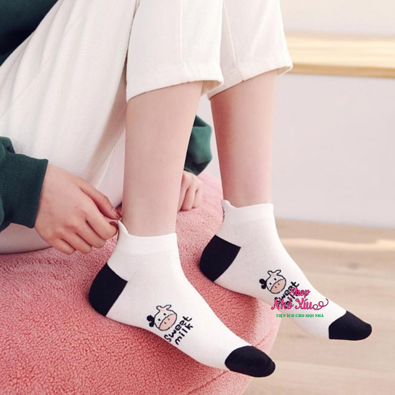 Tất Vớ Nữ Cổ Ngắn Họa Tiết Bò Sữa Siêu Dễ Thương Set 5 Đôi vớ Phong Cách Hàn Quốc