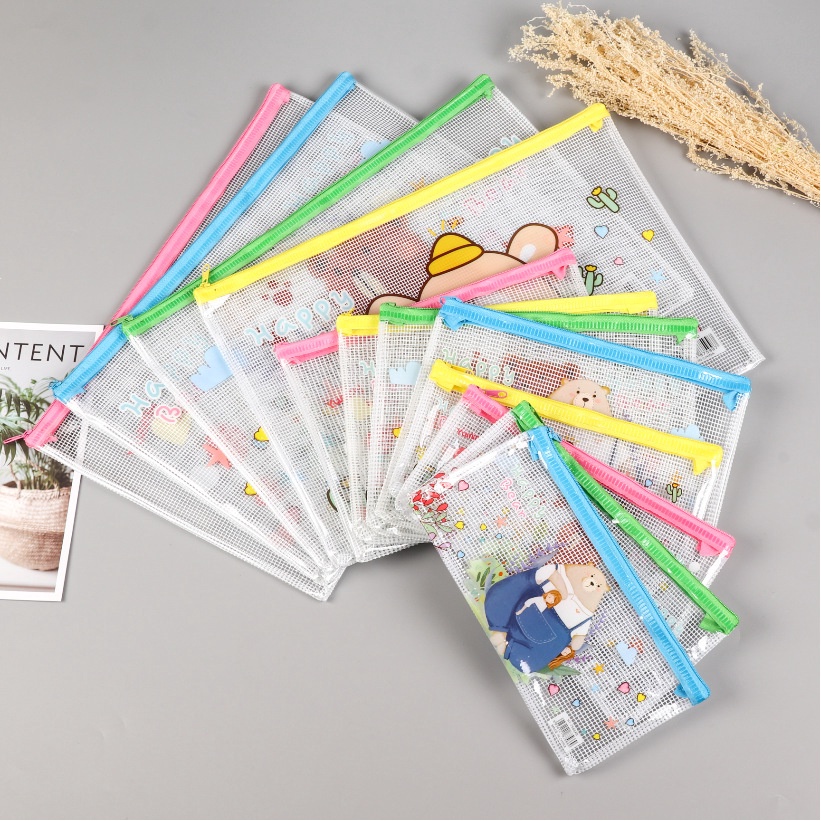 Túi lưới, hộp bút dây kéo lưu trữ tài liệu kích thước A6 họa tiết hoạt hình ngẫu nhiên