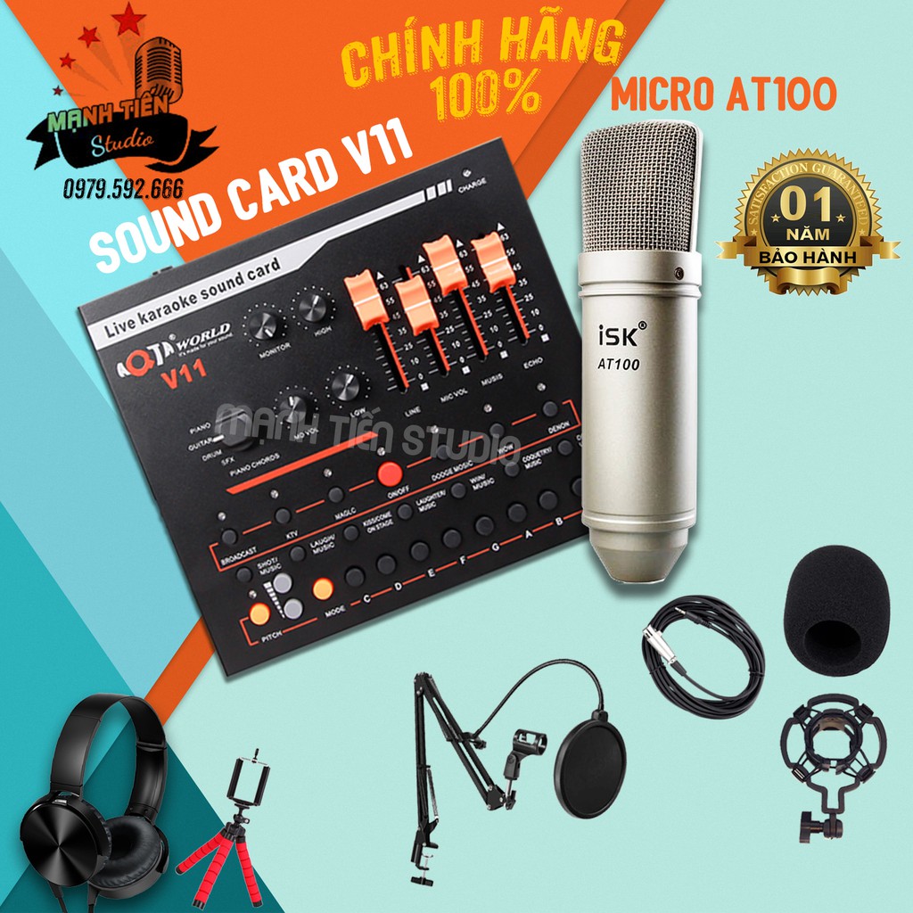 TRỌN BỘ COMBO micro AT100 + sound card V11 + FULL PHỤ KIỆN