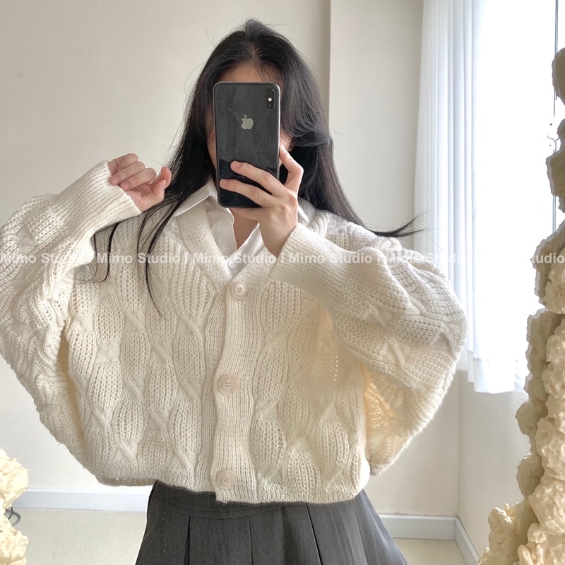 Áo cardigan vặn thừng - sơ mi trăngs tay ngắn phối túi