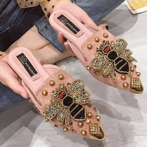 Dép Nữ Đế Bằng Đính Đá Hình Con Ong Thời Trang Size 35-41