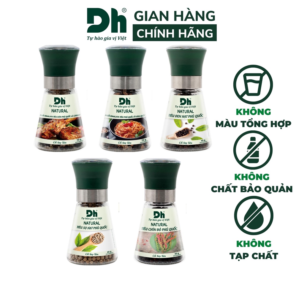 Muối himalaya, tiêu đen, tiêu sọ hạt, tiêu chín đỏ Phú Quốc nắp cối xay Dh Foods gia vị nhà bếp