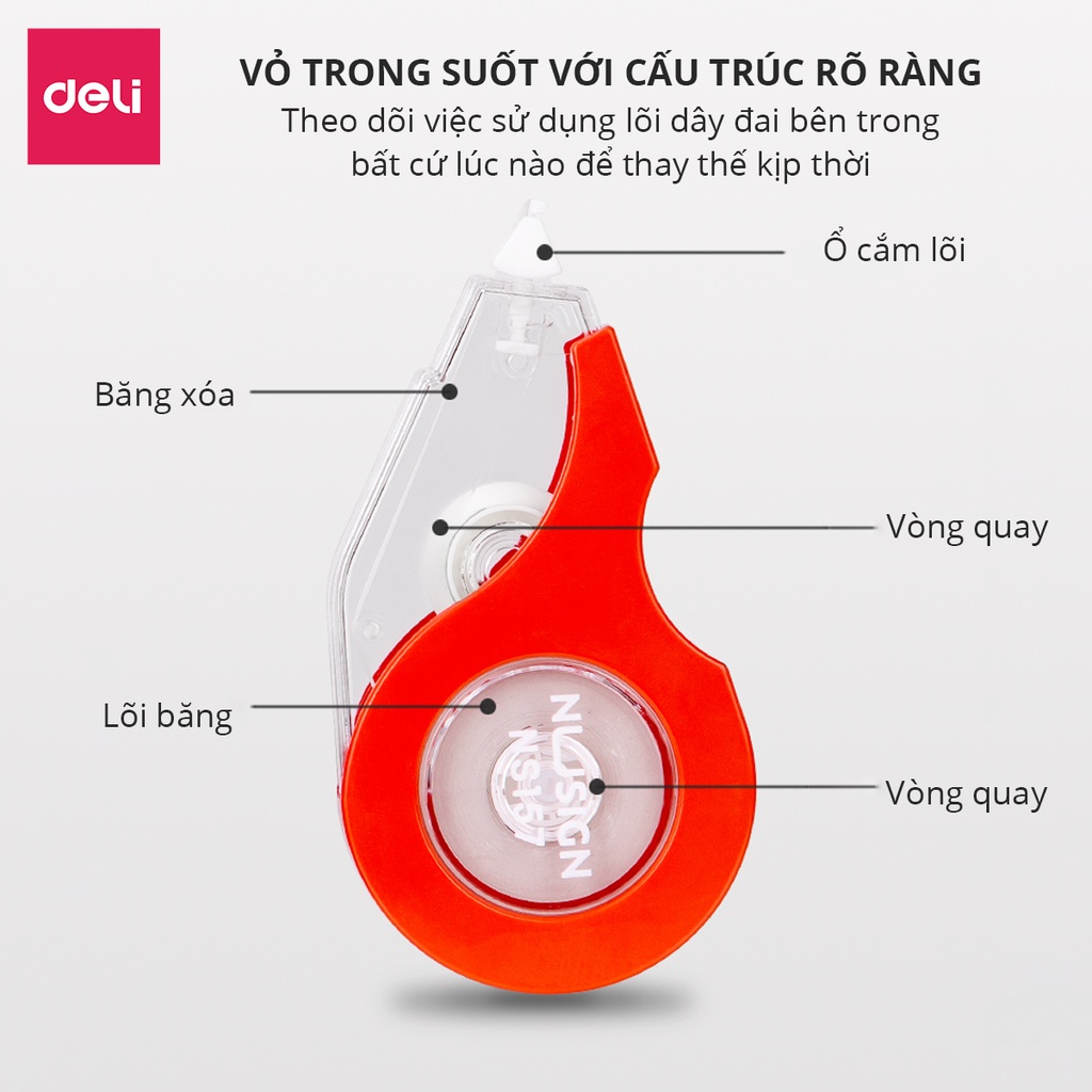 Bút xóa băng cao cấp Deli - Kích thước 12mx5mm - Băng kéo dạng film cao cấp - Trắng/Đỏ/Xanh dương/Xanh lá - NS157