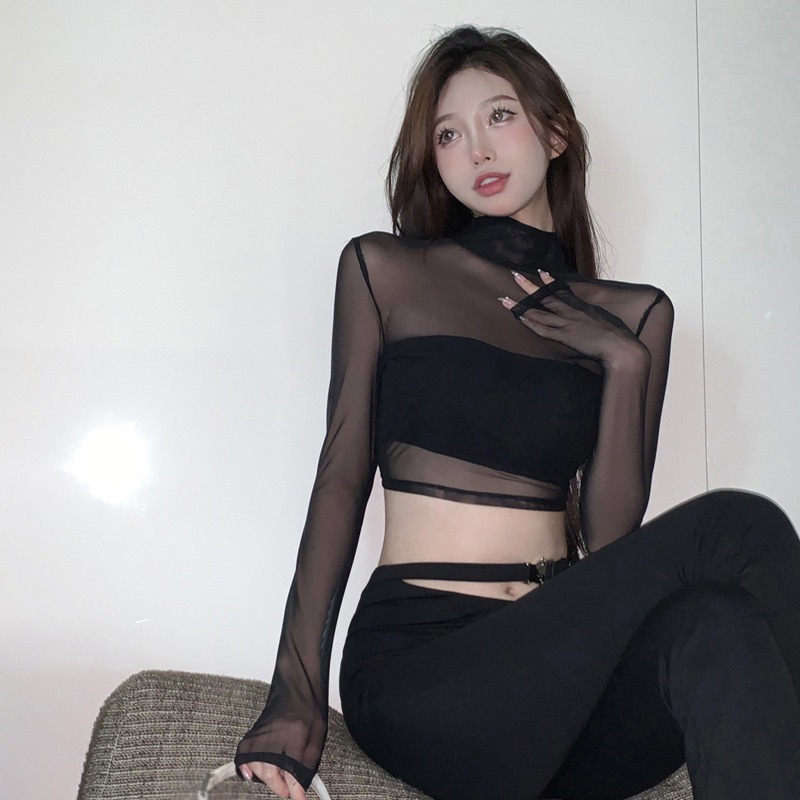 Áo Thun Croptop Tay Dài Cổ Lọ Hở Lưng Màu Sắc Đơn Giản Phong Cách Hàn Quốc