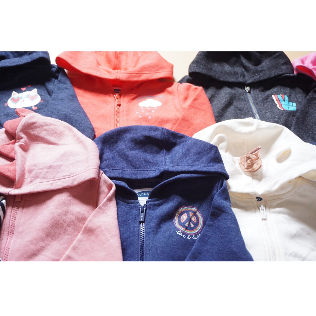 Áo khoác bé gái 1-5 tuổi O.ld Navy (10-21kg) nỉ lót bông mỏng nhẹ xuất dư xịn, Hoodie dây kéo có nón size nhí