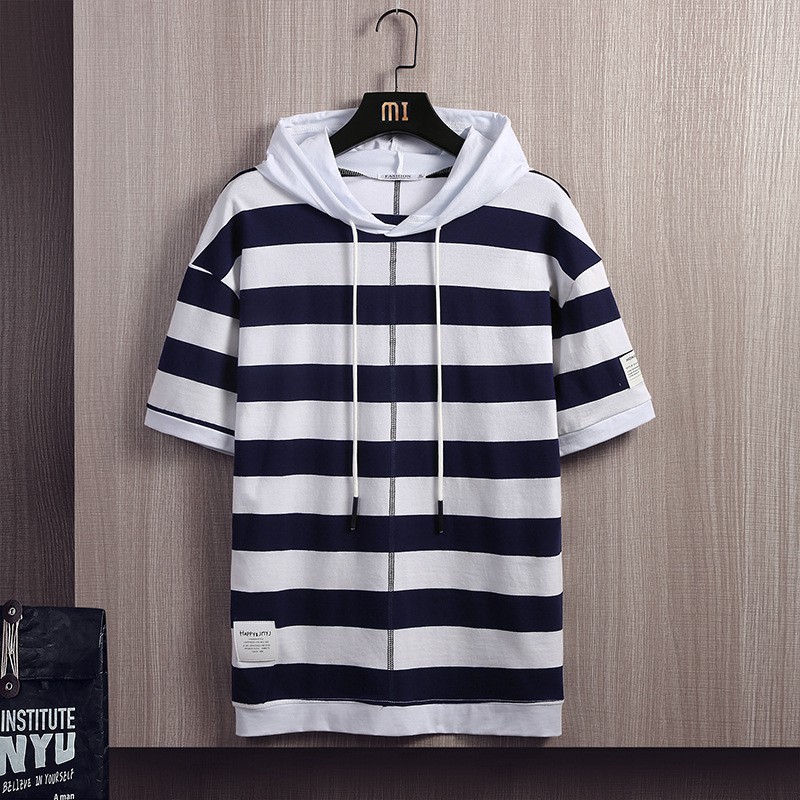 Áo Hoodie Tay Ngắn Dáng Rộng Họa Tiết Kẻ Sọc Phong Cách Hong Kong Thời Trang Mùa Hè Mới Cho Nam