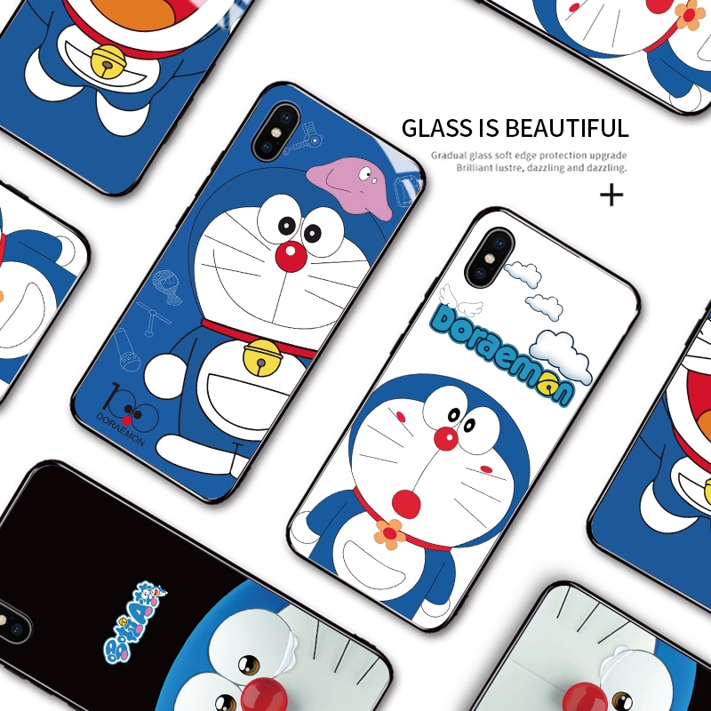 Ốp điện thoại kính cường lực cứng bóng in hình Doraemon cho Samsung Galaxy S7 S7 Edge S8 S9 Plus S10 Plus S10E S10 Lite