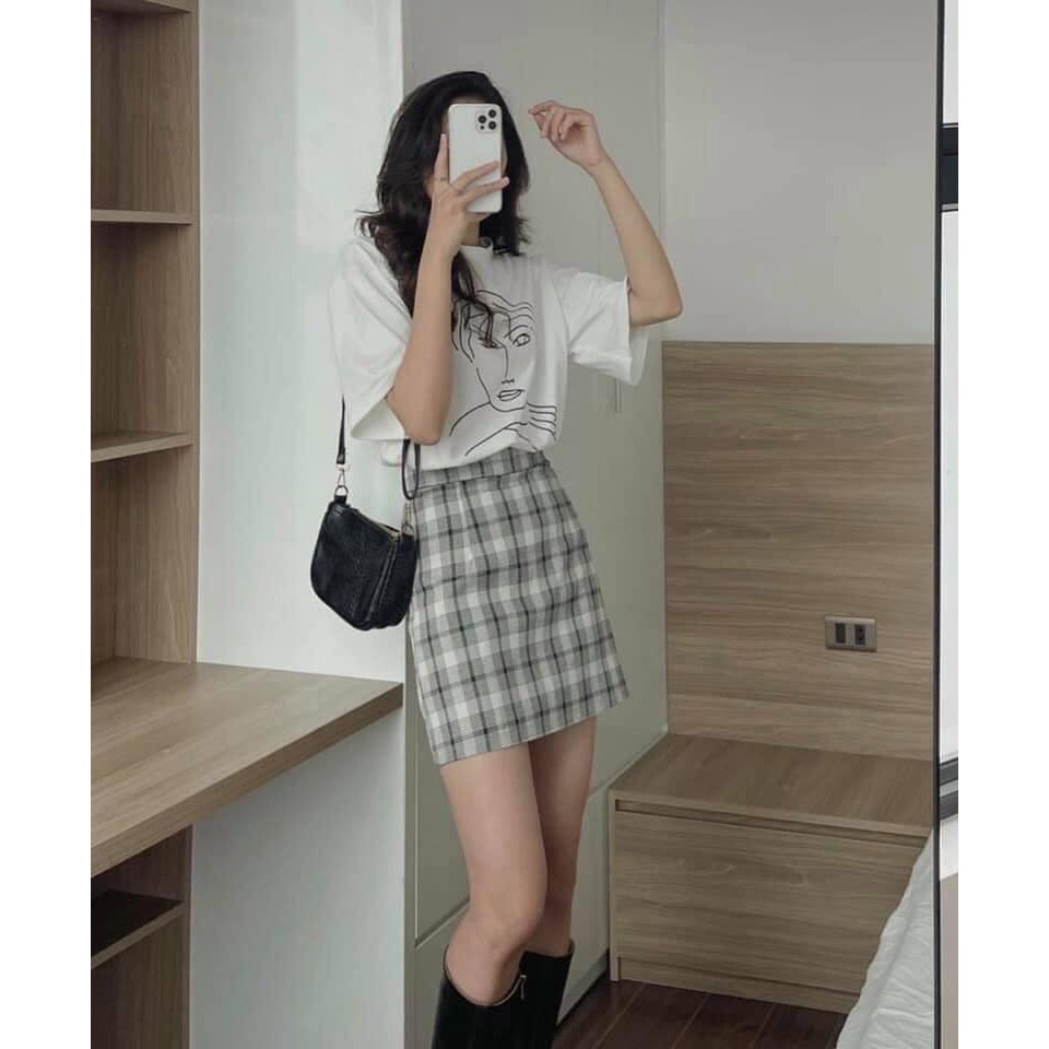 Set áo thun cô gái mix chân váy kẻ có quần trong - Set bộ nữ thời trang freesize giá siêu rẻ | BigBuy360 - bigbuy360.vn