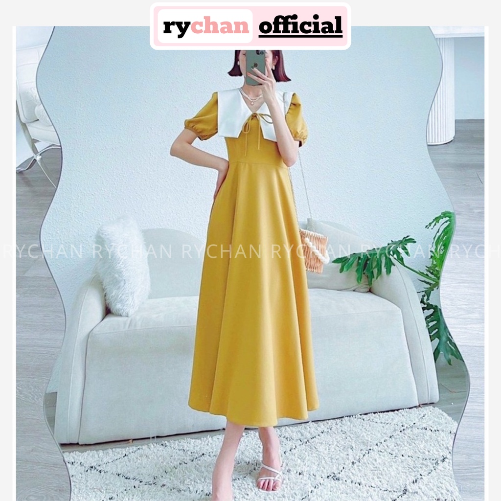 Đầm Nữ Dự Tiệc Dáng Dài Cổ Thủy Thủ Thắt Nơ Bo Eo Cực Nữ Tính Màu Vàng [ẢNH THẬT CUỐI] - DX9844