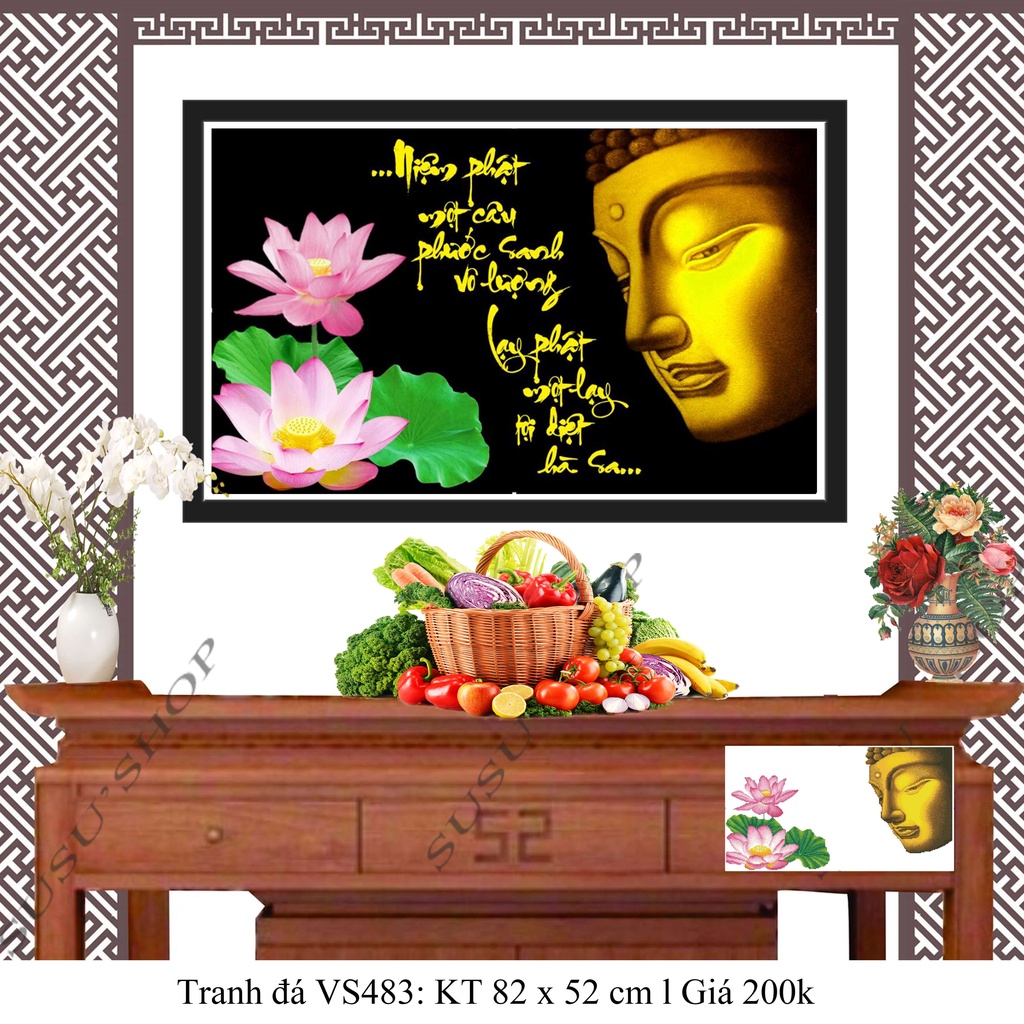 Tranh đính đá Nam Mô A Di Đà Phật VS483 (82*52), tranh thêu LV3511 (50x70cm), tranh đá LV559 (50x70cm)