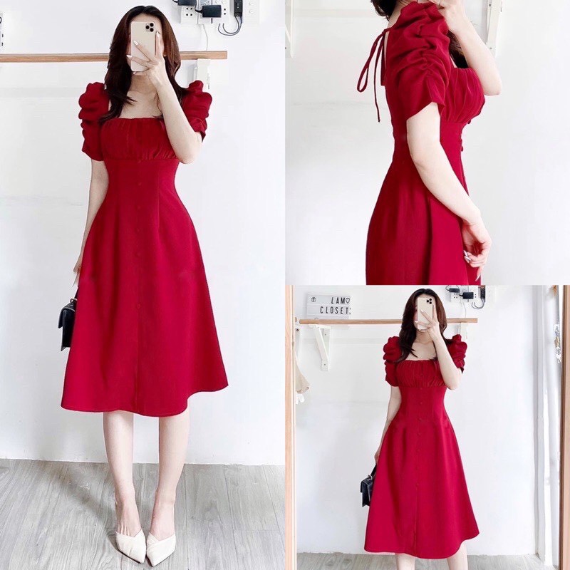 ĐẦM NỮ NÚT BỌC XẾP LY NGỰC – TRẮNG ĐỎ NUDE  – GD083