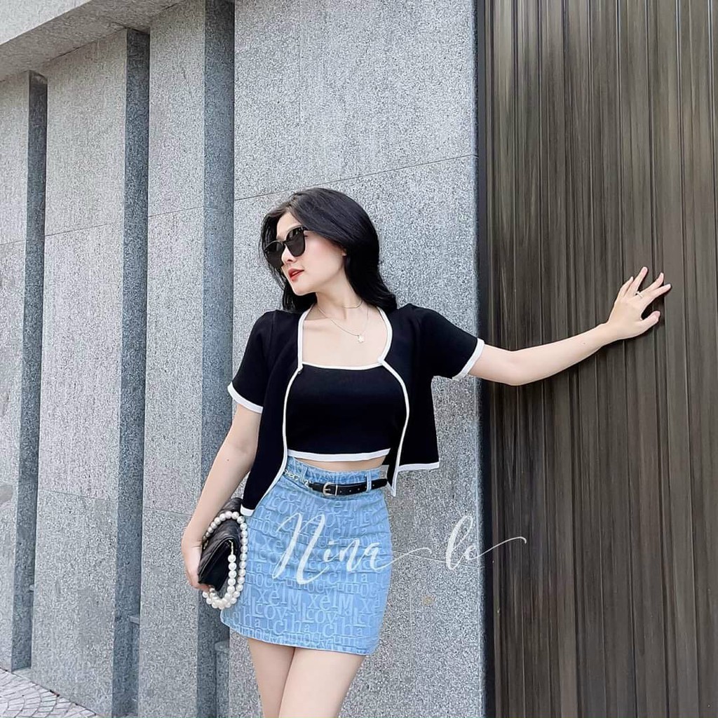 Set Bộ Áo Phối Viền Và Chân Váy Kèm Áo Trong Rose Fashion