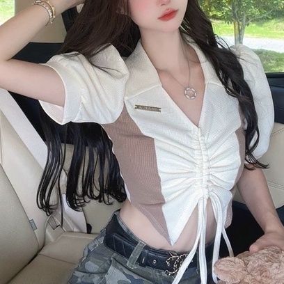 Áo croptop cổ V sơ mi tay ngắn RÚT DÂY PHỐI MÀU GB thun gân co giãn nữ - Thiên Yết