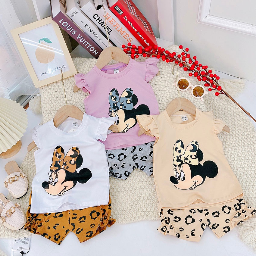 Bộ Quần Áo Ba Lỗ Tay Bèo In Hình Micky Da Báo Vải Cotton Siêu Đẹp Cho Bé Gái Từ 8-20kg Mã BL24