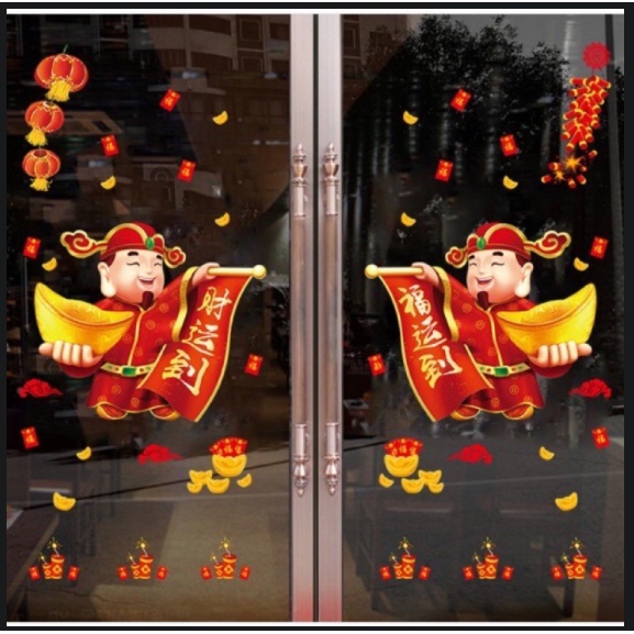 Decal trang trí Tết - 2 ông thần tài cầm 2 cục vàng