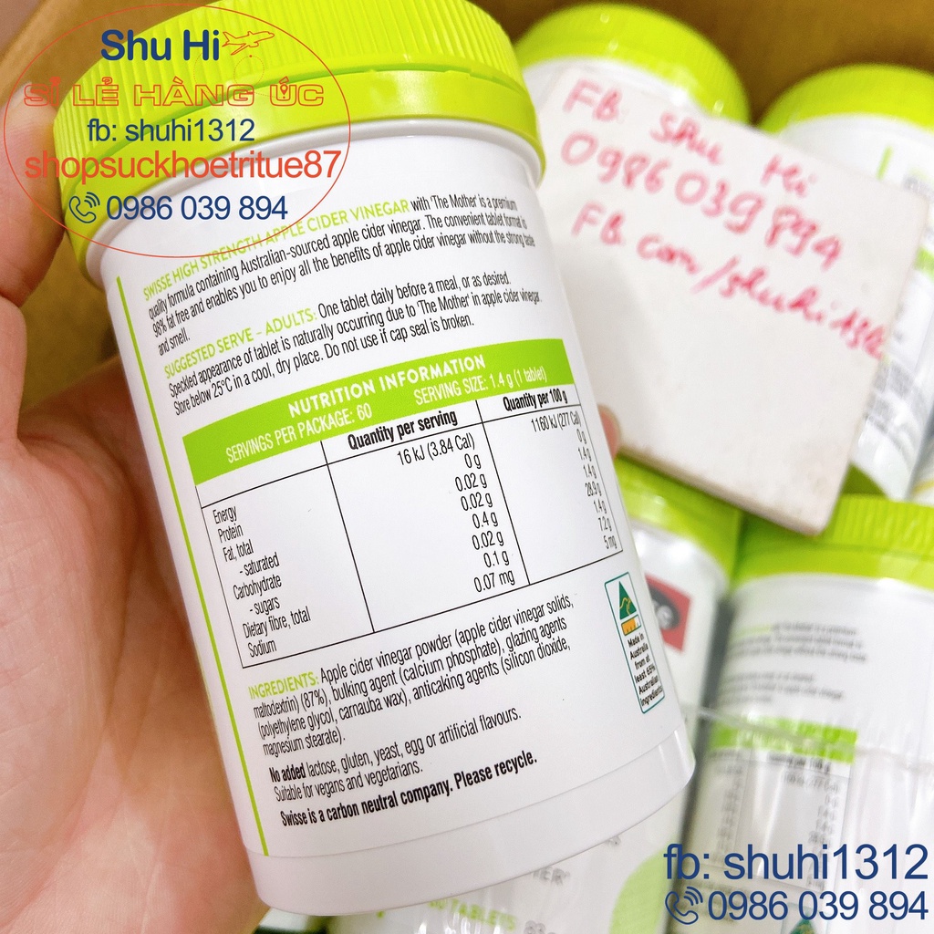Viên uống giấm táo swisse apple cider cinegar 60 viên úc, giúp giảm cân, đẹp da