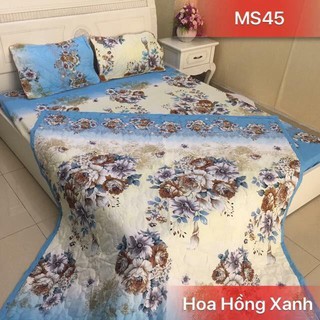 Bộ Chăn Ga Vỏ Gối 5 MÓn ( 1 Drap + 2 Vỏ Gối Nằm + 1 Chăn Hè + 1 Vỏ Gối Ôm ) Xanh Họa Tiết Hoa siêu đẹp