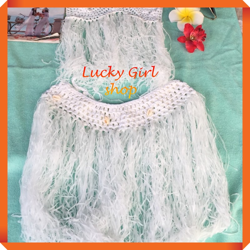 Sét Áo Len Móc Màu Trắng Tua Tua Dài Và Váy Tua Rua Gắn Ốc Phong Cách Bohemian - Lucky Girl shop