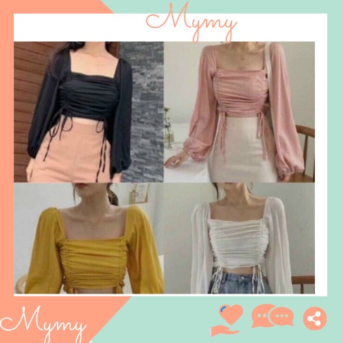 ✔️Áo kiểu nữ, trơn trễ vai form croptop, tay bí phồng. bo thun mặt sau, dây rút mặt trước. Chất vải kate voan dày mịn
