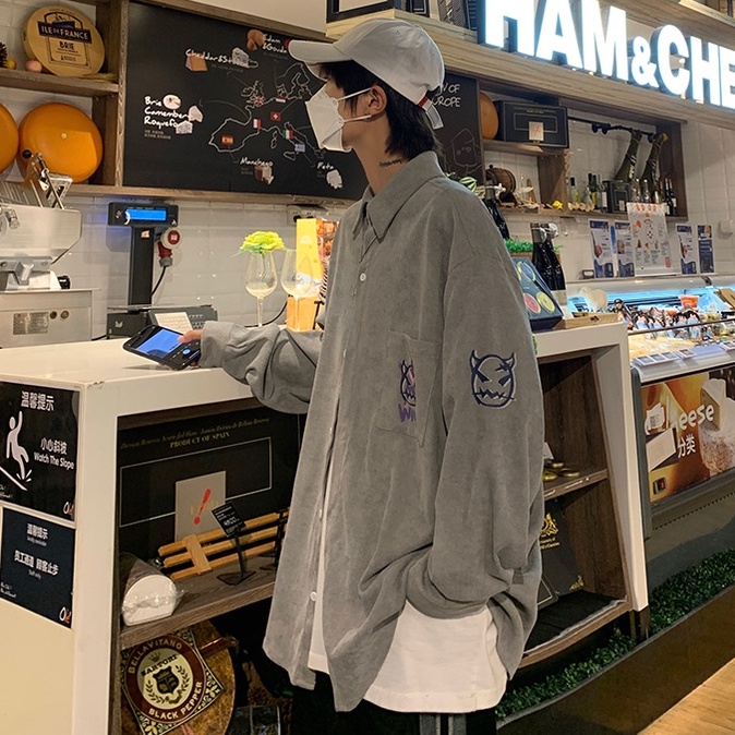 in Bình thường Áo khoác sơ mi Sự đơn giả tạo chiều rộng trong họa tiết cá tính thời trang hàn quốc cho nam cặ đôi áo sơ mi khuôn viên Bình thường áo sơ mi nam nhung tăm fresh from rộng áo sơ mi nam unisex