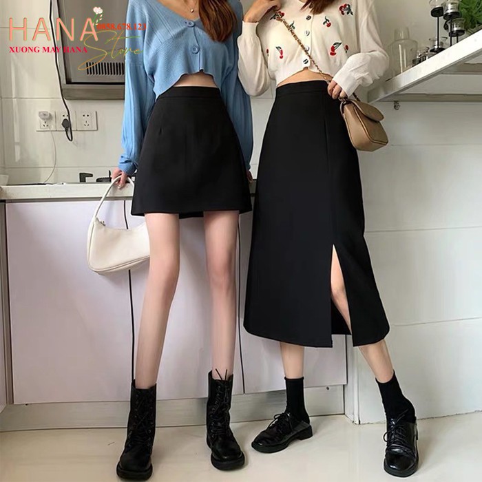 Chân váy dài xẻ tà trước Ulzzang dáng chữ A suông trơn rộng khóa sau - Màu Đen Kem cao cấp - Mặc công sở đi biển qua gối