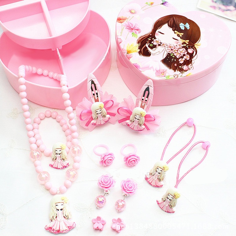Hộp trang sức vòng cổ vòng tay dây buộc tóc kẹp tóc khuyên tai nhẫn siêu đáng yêu cho bé Hộp có gương và ngăn như hình