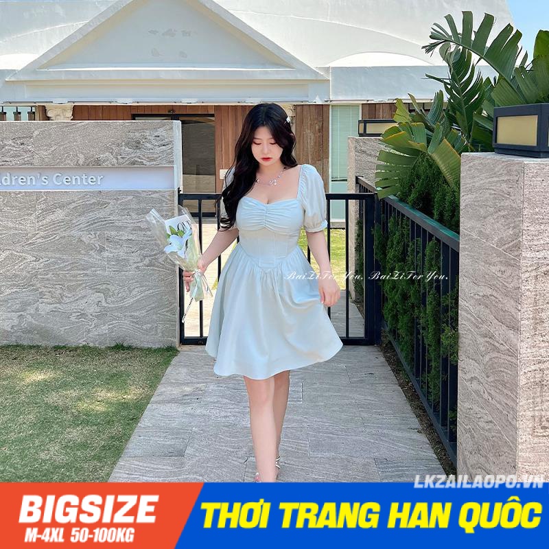 Đầm dáng suông Bigsize Váy nữ tay ngắn cổ vuông trắng mùa hè Phong cách Hàn Quốc Thời Trang tiểu thư cá tính xinh đẹp cho người mập béo