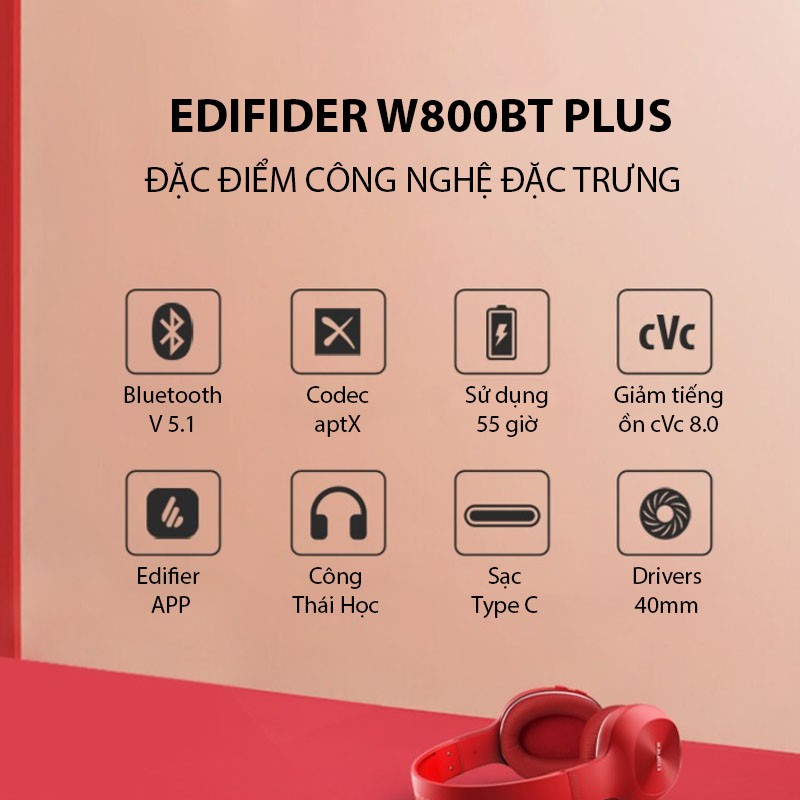 Tai Nghe Chụp Tai Không Dây Edifier W800BT Plus, True Wireless Stereo,  Bluetooth 5.1, Thời Gian Nghe 55h