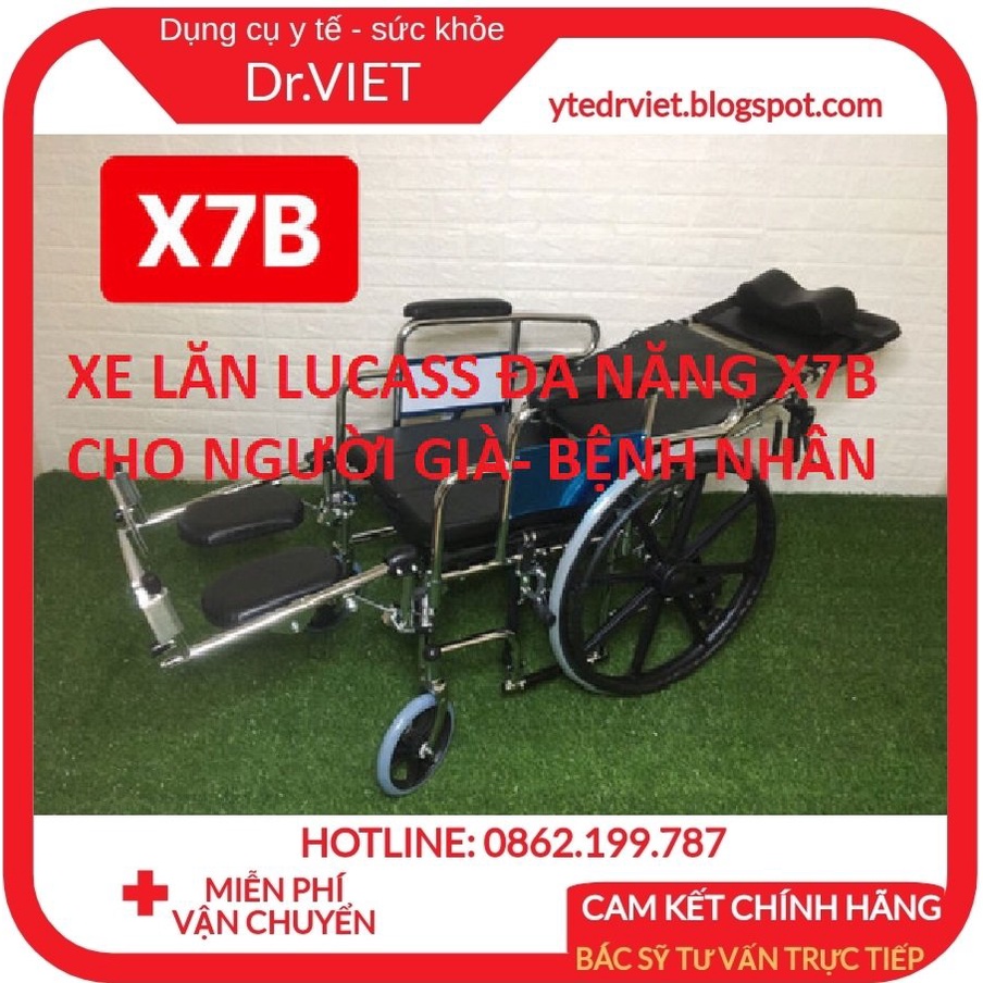 Xe lăn Lucass X7B cao cấp- Xe lăn có bô vệ sinh, có thể ngả nằm được, bánh xe có chốt tránh trơn trượt, gập gọn xe dễ